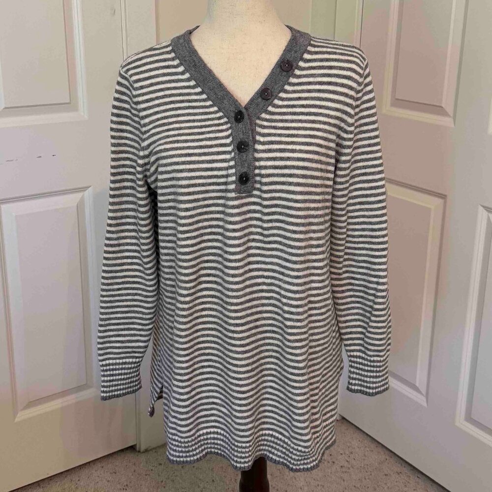 Anthropologie Serena Striped V-neck Gray/Cream Sweater Sz L